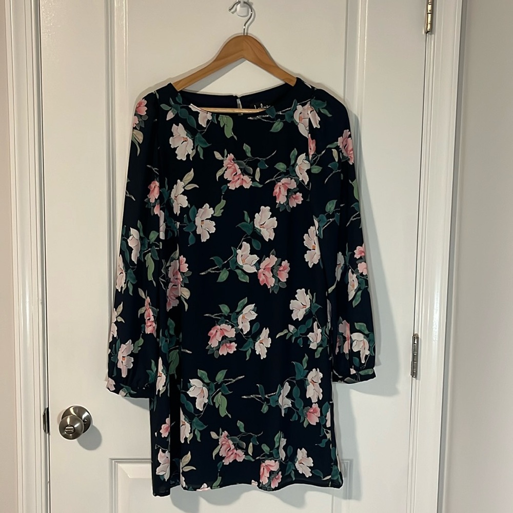Lulus Herbaceous Babe Navy Floral Print Long Sleeve Shift Dress